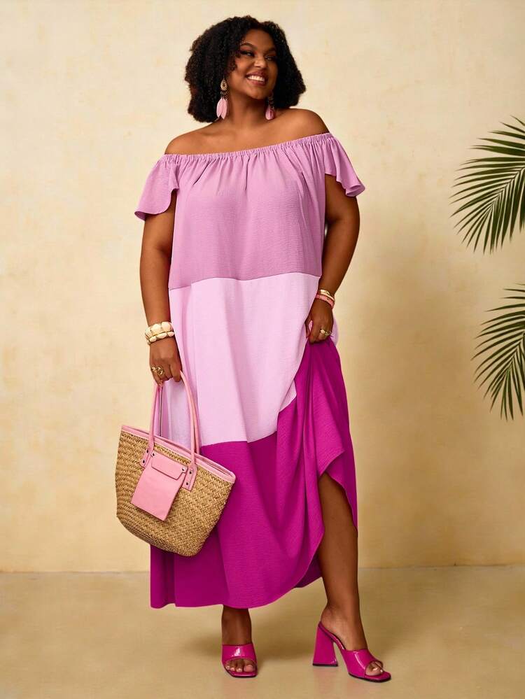 Plus Size Women's Early Spring Casual Vacation Pink Contrast Color Splice Off-Shoulder Ruffle Sleeve Dress,Early Spring,Spring Break Outfits ,Vacation Outfits Women ,Holiday Outfits For Women,Spring Dress Women,Going Out Outfits,2026 New Clothes,Simple And Fashionable For Everyday Wear