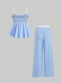 Sweetra 女士蓝色条纹休闲百搭通勤吊带背心和阔腿裤两件套，春夏款 - 藍白色 - 查看 2