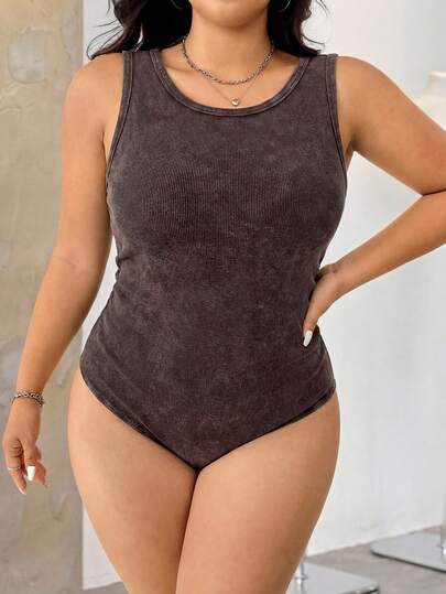 GalTyme Plus Size Women's Summer Retro Acid Wash Vintage Look Knit Fabric Round Neck Sleeveless Waist Ruched Detail Fitted Bodysuit Brown Bodysuit Bodysuit For Women Plus Size Plus Size Bodysuit Brown Ribbed Bodysuit