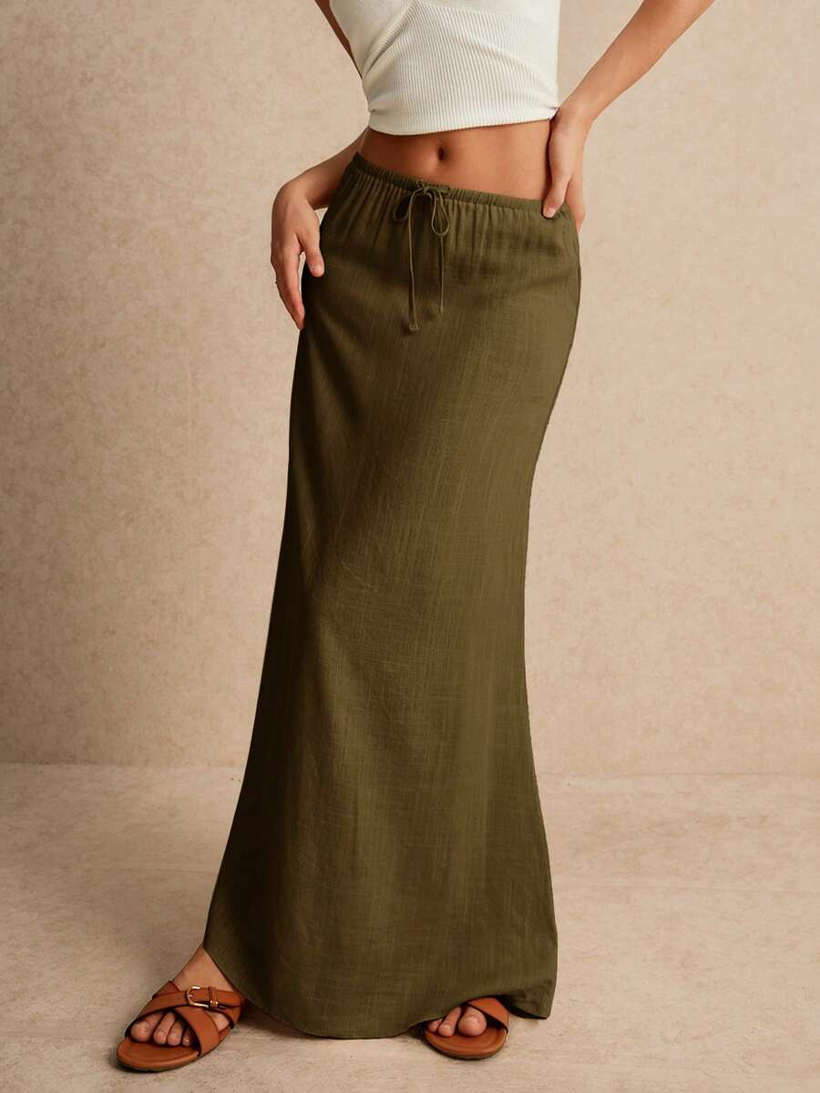Poéselle Women's Skirt, Floor Length Maxi Skirt, Tie At Waist, Cute Skirt, Low Waist Skirt - Army Green - View 1