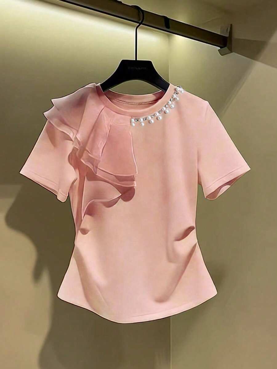 GlowEve 女士时尚百搭休闲水钻装饰T恤,夏季 - 粉色 - 查看 1