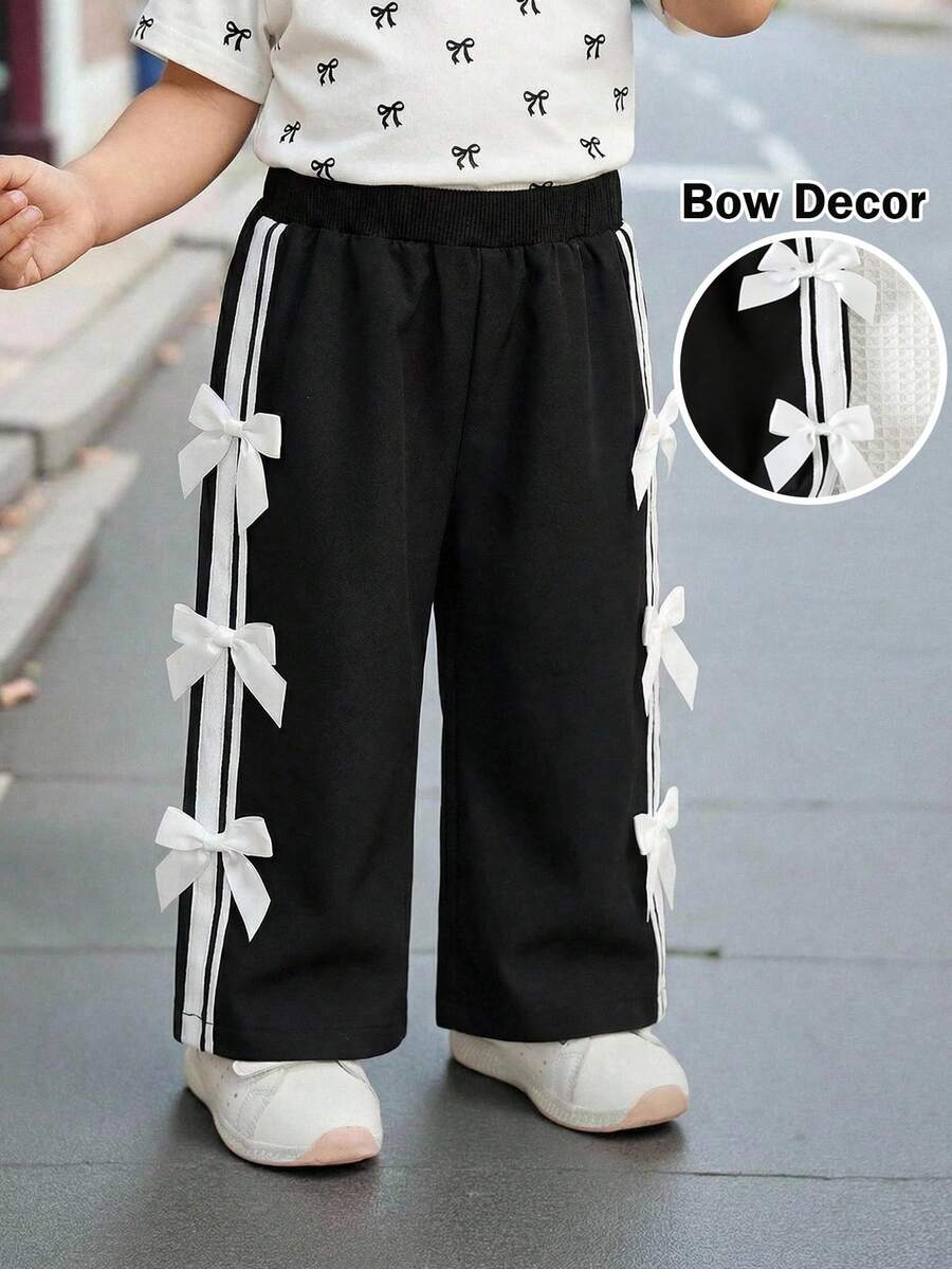 Baby Girl Casual Black Bow Elastic Waist Loose Pants - Multicolor - View 1