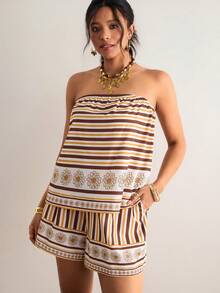 Freevana Bộ đồ cỡ lớn kiểu Bohemian gồm áo quây kẻ sọc nâu và quần short ống rộng, trang phục mùa hè thoải mái theo phong cách cổ điển dành cho nữ. - màu nâu - Xem 3