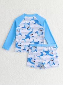 Conjunto de camiseta de protección solar y bañador con estampado de tiburón a rayas para niño pequeño, traje de baño de verano - Multicolor - Ver 2