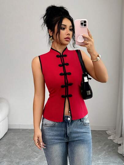 Rafferiza Women's Elegant Sexy Blouse, Red Chinese Style Shirt, Spring/Summer Blouse, New Year Outfit