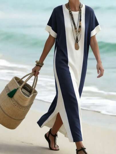Breezaya Navy Blue & White Contrast Splice Dress, Loose Batwing Sleeve Beach Holiday Slimming Dress