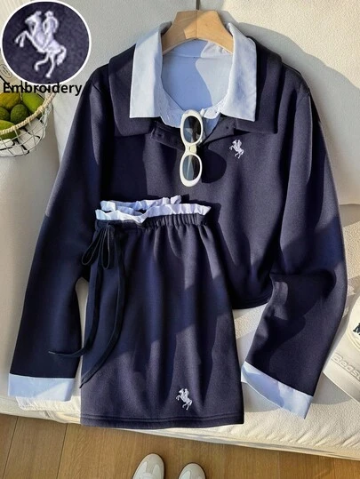 Comfortcana 两件套加大码 Polo 领条纹撞色 Logo 长袖 T 恤和抽绳迷你裙，休闲校园风，适合返校季