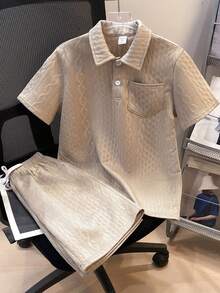 SHEIN 两件套男童休闲提花纹理面料立领开衫短袖短裤套装，卡其色 Polo 衫，适合上学、外出、度假、派对、春夏穿着。 - 杏色 - 查看 4