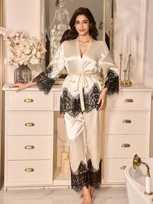 SHEIN 2pcs Women Elegant Satin Long Sleeve Pajama Set With Lace Trim, Suitable For All Seasons - Champagne - View 4