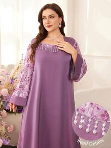 Al Najma Elegant Contrast Lace Flare Sleeve Dress, Spring/Summer - Multicolor - View 4