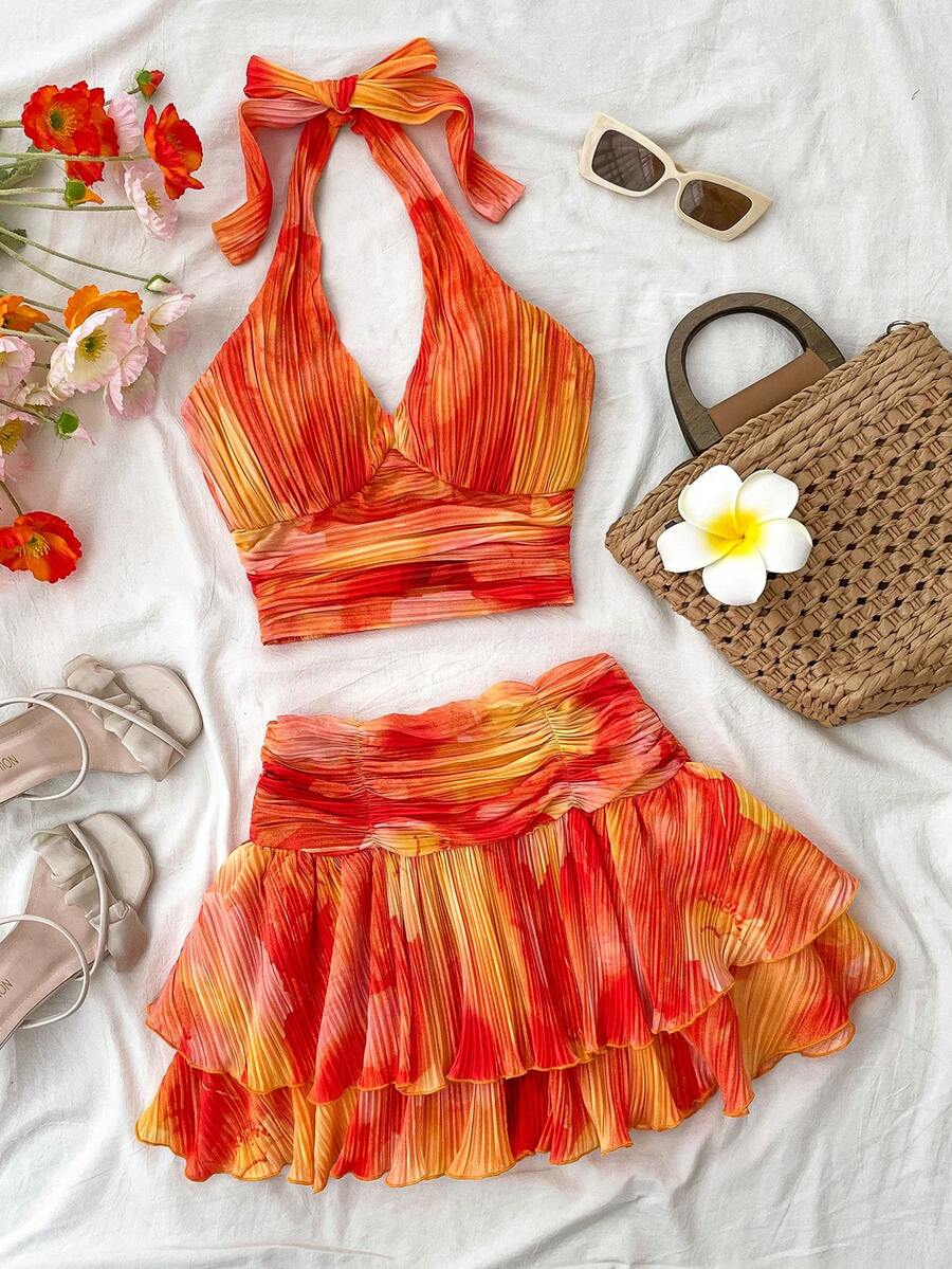 Teen Girls' Sunset Tie Dye Tie Neck V-Neck Fitted Cami Top And Layered Ruffle Mini Skirt Set, Suitable For Holiday, Date, Afternoon Tea, Beach, Cruise, City Trip, Music Festival, Boho Vacation - Orange - View 1