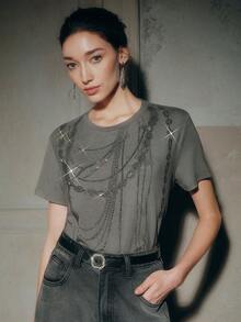 Anewsta Women's Heavy Chain Print Rhinestone Embellished T-Shirt - Grey - View 8