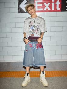 ROMWE MEN Street Life Men's Slogan Logo Embroidered Accent Drawstring Denim Shorts, Collegiate Style - Blue - View 7