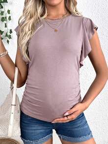 SHEIN Maternity Summer Casual Pink T-Shirt With Side Ruching Ruffled Sleeves,Dusty Blue Round Neck Ruched Pregnancy Top For Babyshower Everyday Wear Tops - Purple - View 5