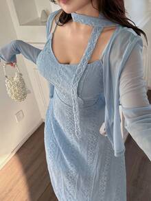 Feyla 女士纯色提花无袖连衣裙、外套和围巾套装 - 綠色 - 查看 9