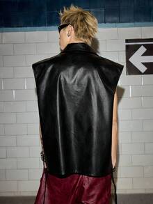 ROMWE MEN Street Life Men's Street Fashion Hip Hop Asymmetrical PU Leather Tank Top - Black - View 8