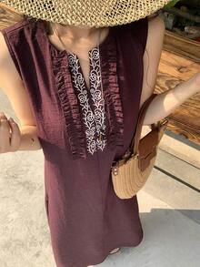 DAZY Đầm không tay thêu ren, viền bèo nhún, thích hợp cho kỳ nghỉ của nữ - Màu tím - Xem 2