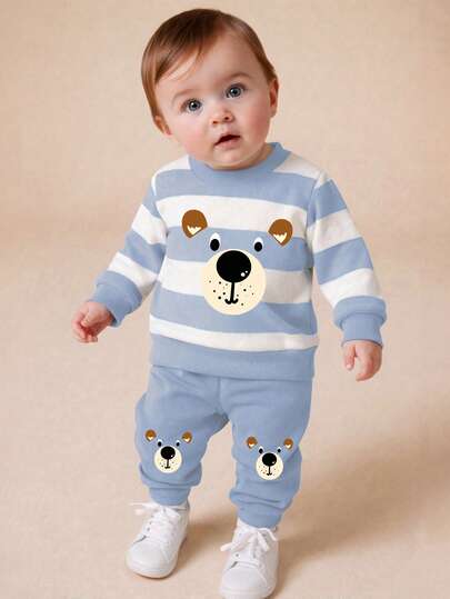 GraphicGems Bộ đồ thể thao 2 món cho bé trai, gồm áo nỉ và quần dài, kiểu dáng thời trang thường ngày, họa tiết gấu sọc dễ thương, thoải mái, phù hợp cho mùa thu/đông/xuân, nhẹ và ấm áp, hoàn hảo cho mặc thường ngày, đi học, dã ngoại, chụp ảnh đường phố, trường học, kỳ nghỉ, làm quà tặng.