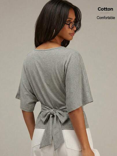 Athîral Women's Casual Minimalist Round Neck Tie Back Short Sleeve Top, Summer