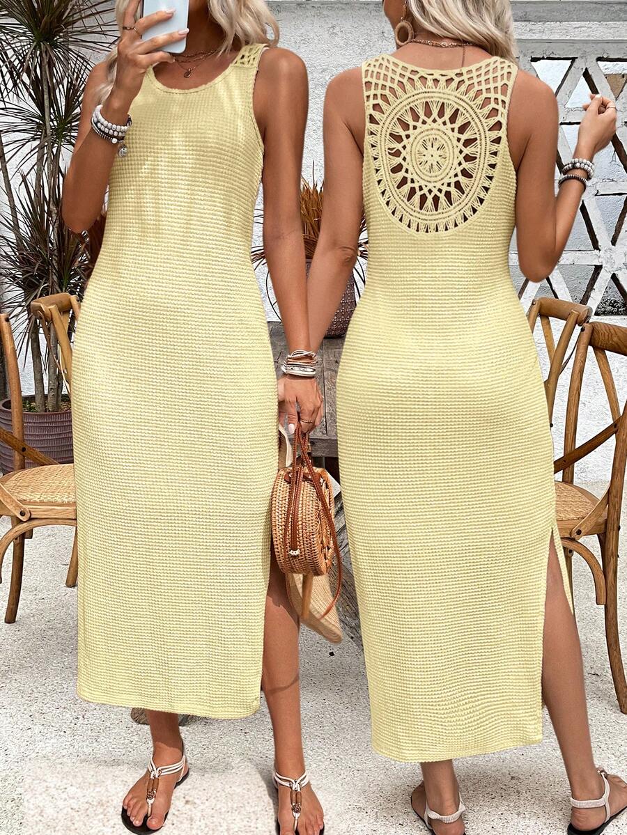 Breezaya Women's Loose Waffle Weave Sleeveless Dress With Lace Back And Side Slit Maxi Vacation Beach Outfit - Light Yellow - View 1