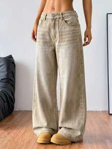 Coolane Damen Vintage Loose Fit Baggy Jeans mit Taschen - Khaki - Übersicht 3