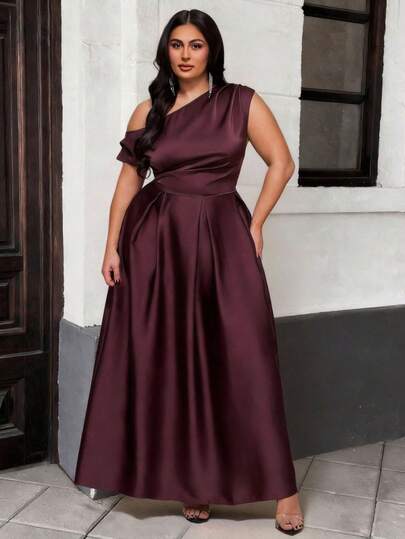 SHEIN BAE Plus-Size Elegant Satin Asymmetrical Ruffle A-Line Dress, Burgundy, Perfect For Valentine's Day, Off-Shoulder, Elegant Long Dress, Party Wear. A Super Long Dress For Spring And Summer.