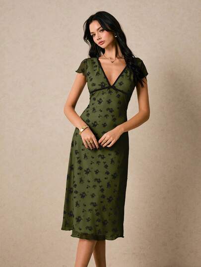 Poéselle Women's Contrast Trim Cap Sleeve Fitted Midi Dress, Elegant Summer