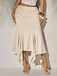 Radiana Women's Summer Sexy Elegant Minimalist Apricot Low Waist Asymmetrical Hem Skirt, Folded Waist Skirt, Flowing Long Skirt, Suitable For Night, Date, Gathering, Party, Club, Nightclub, Carnival, Music Festival, Concert, Island Vacation, Beach, Holiday - Apricot - View 1