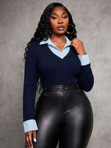 SHEIN SXY Plus-Size Women's Spring/Summer Sexy, Elegant, Simple, And Commuter-Friendly Blue Patchwork Shirt Collar Two-In-One Tight-Fitting Long-Sleeved Bodysuit. Suitable For Everyday Wear, Business, Simple, Commuting, Elegant, Casual, Shopping, Street Style, And Outings. Easy To Match, Slimming, And Figure-Flattering. - Navy Blue - View 5