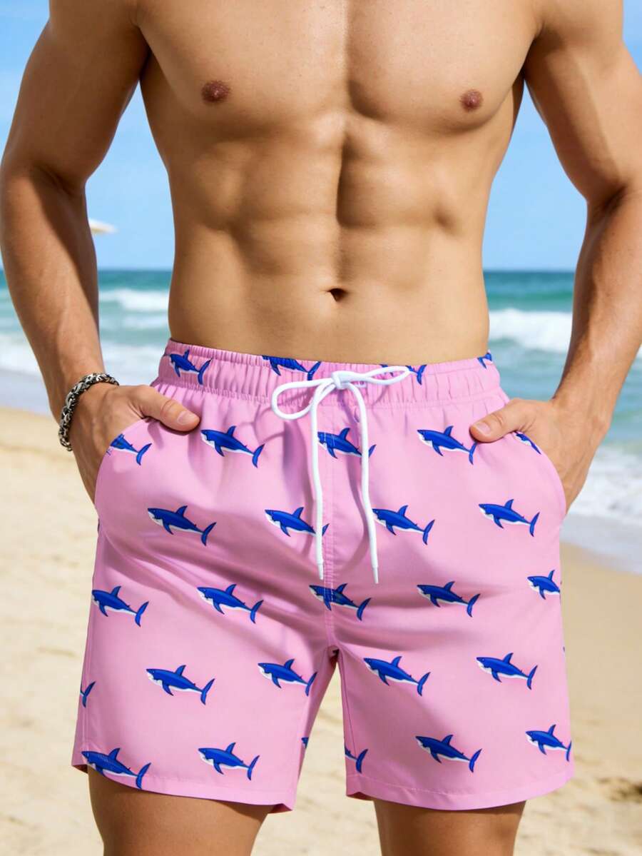 Manfinity Swimmode 男士休闲印花沙滩短裤 - 粉色 - 查看 1