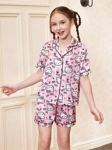 HELLO KITTY AND FRIENDS | SHEIN 少女可爱卡通条纹印花撞色滚边翻领短袖衬衫短裤套装，夏季 - 淺粉色 - 查看 11