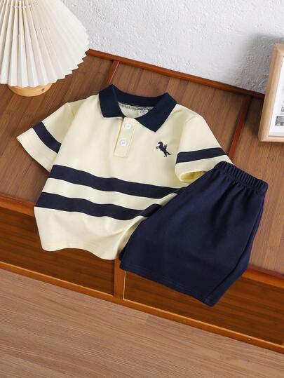 Cozy Pixies 2件套男童夏季条纹撞色小马图案POLO衫和松紧腰短裤