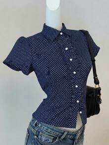 SHEIN EZwear 藏蓝色波点编织露背短袖女式衬衫纽扣上衣夏季衬衫女士牛仔钻石套装波点衬衫纽扣上衣波点上衣，夏季休闲上衣可搭配牛仔裤女士衬衫夏季女士休闲套装女士上衣和衬衫女士上衣 - 藏蓝色 - 查看 3