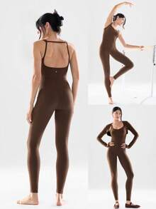 GLOWMODE 24英寸 FeatherFit™-Air 舒适透气连体衣，如黄油般柔软弹力，吸汗透气，可拆卸胸垫，侧边口袋，露背设计，适合低强度瑜伽、健身房、日常休闲穿着。 - 棕色 - 查看 9