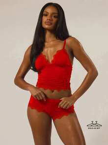 MUSERA ESSENTIALS Triangle Bust Lace Trim Adjustable Strap Cami Top And Fitted Boxer Boyshort Multipack Set Autumn Winter Fall Underwear Everyday Cosy Lounge Essential Valentines Day Spring Summer Vacation Holiday - Red - View 1