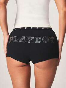 Missguided x Playboy Studded High Rise Fold Over Waist Mini Hot Pants With Bunny Logo Detail Booty Shorts - Black - View 4