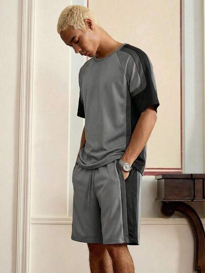 Manfinity Unisex Men's Contrast Color Round Neck Short Sleeve T-Shirt And Drawstring Waist Shorts Set
