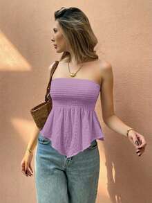 Top bandeau de diseño fruncido de unicolor con bajo asimétrico de moda para vacaciones de mujer - Blanco - Ver 11