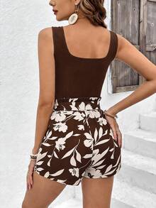 SHEIN Frenchy 女士度假休闲纯色背心和印花短裤两件套 - 棕色 - 查看 2