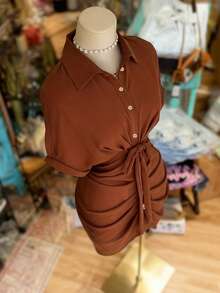 NostaNoir Váy sơ mi tay ngắn thắt eo, cổ bẻ, cài nút đơn - màu nâu - Xem 4