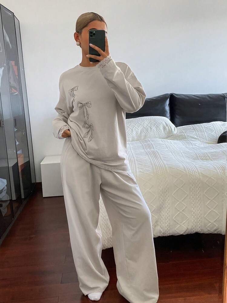 2pcs/Set Women Bow Patchwork Pattern Loose Long Sleeve Top And Long Pants Pajama Set, Beige, Autumn