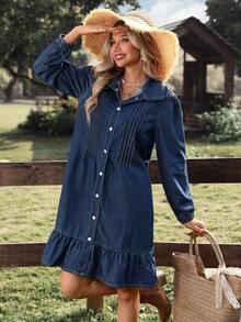 Breezaya Vestido de mezclilla casual de manga larga y unicolor para uso diario de mujer - Azul lavado oscuro - Ver 4