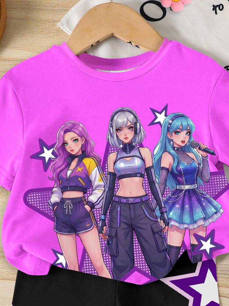 2pcs Young Girls Casual Fashion K-POP Cartoon Girl & Pentagram Print Short Sleeve Round Neck T-Shirt And Matching Shorts Set, Comfortable T-Shirt Outfit For Young Girls Daily & Holiday Wear - Multicolor - View 5