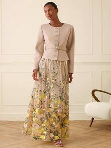 Lilora Conjunto de 2 piezas de mujer con chaqueta de manga larga de cuello redondo, abotonada al frente y con cinturón, en unicolor elegante para uso diario, y falda bordada con flores - Albaricoque - Ver 7