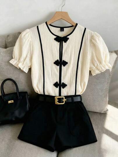 Franclia Women's Short-Sleeved Puff-Sleeve Blouse With Contrasting Stripes And A Front Button Closure, Available In Apricot And Black. Elegant Blouses Suitable For Creating A Sophisticated Look, Perfect For Work Commutes, Casual Wear, Or A Campus Style. Also Suitable For Summer, Summer Vacations, Spring, Beachwear, Valentine's Day, Carnivals, Beachwear, Elegant Styles, Vacation Wear, Casual Wear, Graduation Season Attire, Fashionable Casual Commuter Wear, Business Office Wear, Versatile And Stylish Everyday Casual Wear, And Urban Teacher Professional Attire.