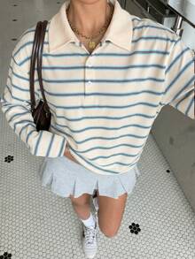 Muchica 蓝白条纹针织休闲女式长袖T恤 - 藍白色 - 查看 6