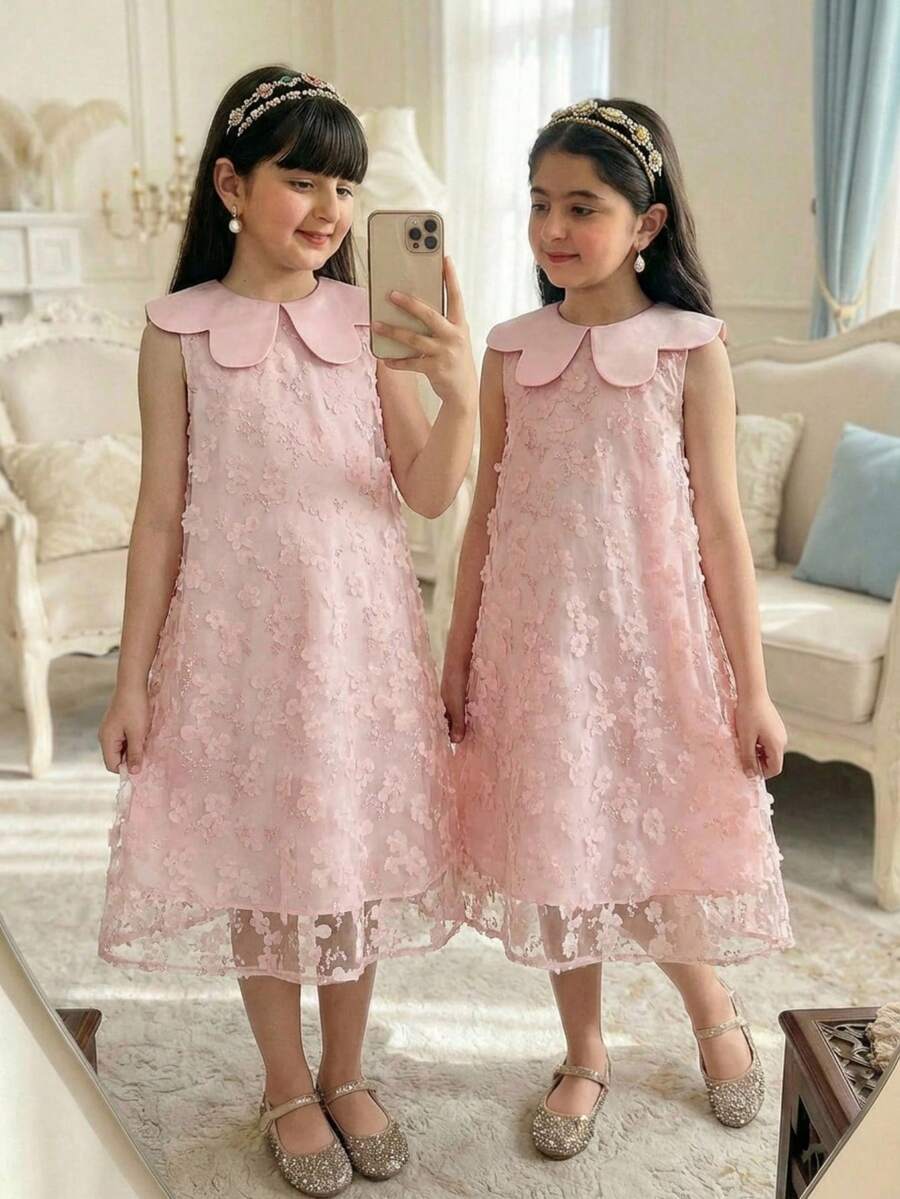 SHEIN Tween Girl Loose Elegant Wavy Neckline Sleeveless Textured Midi Dress - Baby Pink - View 1