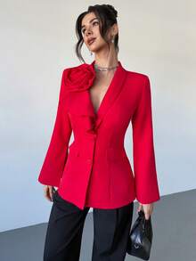 RiviMae Women's Asymmetric Collar Fitted Single-Breasted Slit Flared Sleeve Blazer Jacket - Red - View 5
