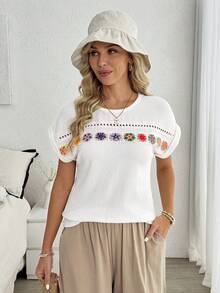 Louniche Bohemian White Knit Blouse Women, Colorful Crochet Hollow Lace Batwing Sleeve, Loose Flattering, Vacation Style Casual T-Shirt - White - View 5