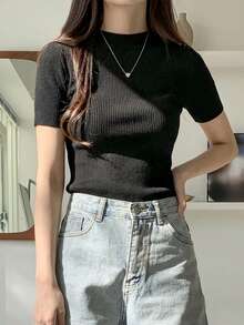 DAZY Suéter de manga corta casual de negocios para mujer - Negro - Ver 3